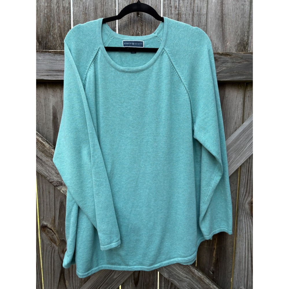 Karen Scott Teal Green Raglan Long Sleeve Crew Neck Knit Sweater Plus Size 1X